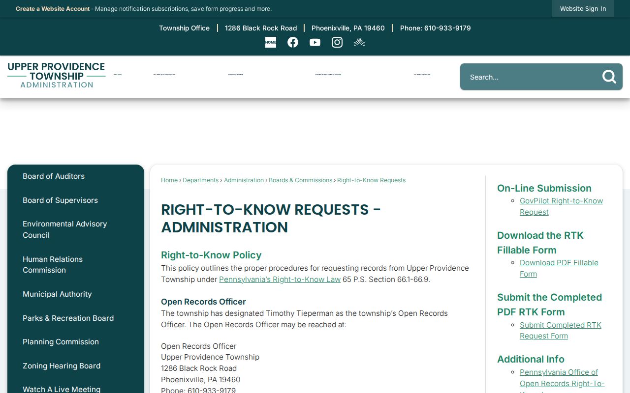 Upper Providence Township residents directory Right-to-Know request page